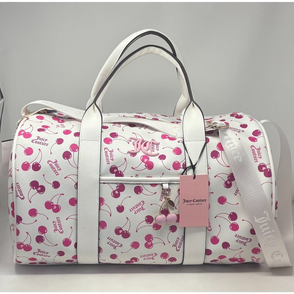 Juicy Couture Cherry Print Weekender Bag White Pink Duffle Travel Bag
